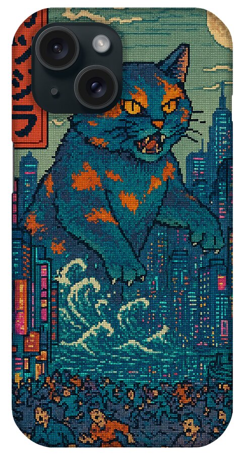 Phone case with blue cat monster pixel art, teal clouds and city lights, black cameras
