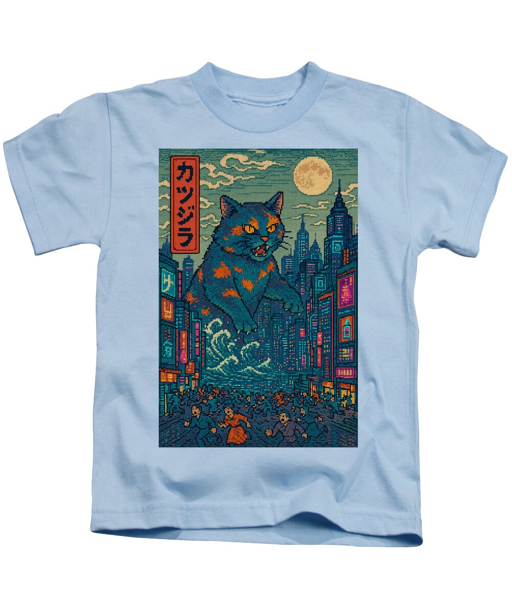 Kids T-shirt in pale blue with square monster cat graphic on the front.
