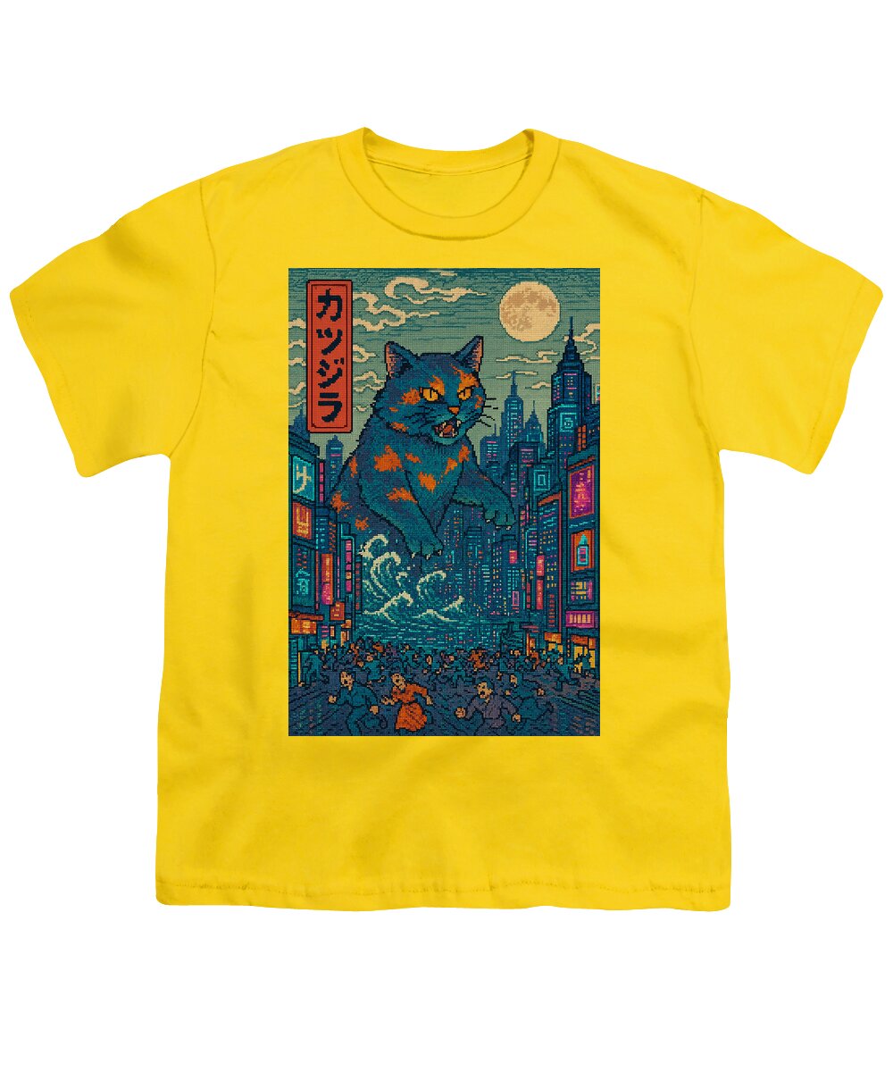Youth graphic T-shirt, yellow with cat monster city artwork panel