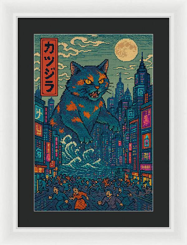 Framed cat wall art with blue cat and orange details over neon city at night, white mat