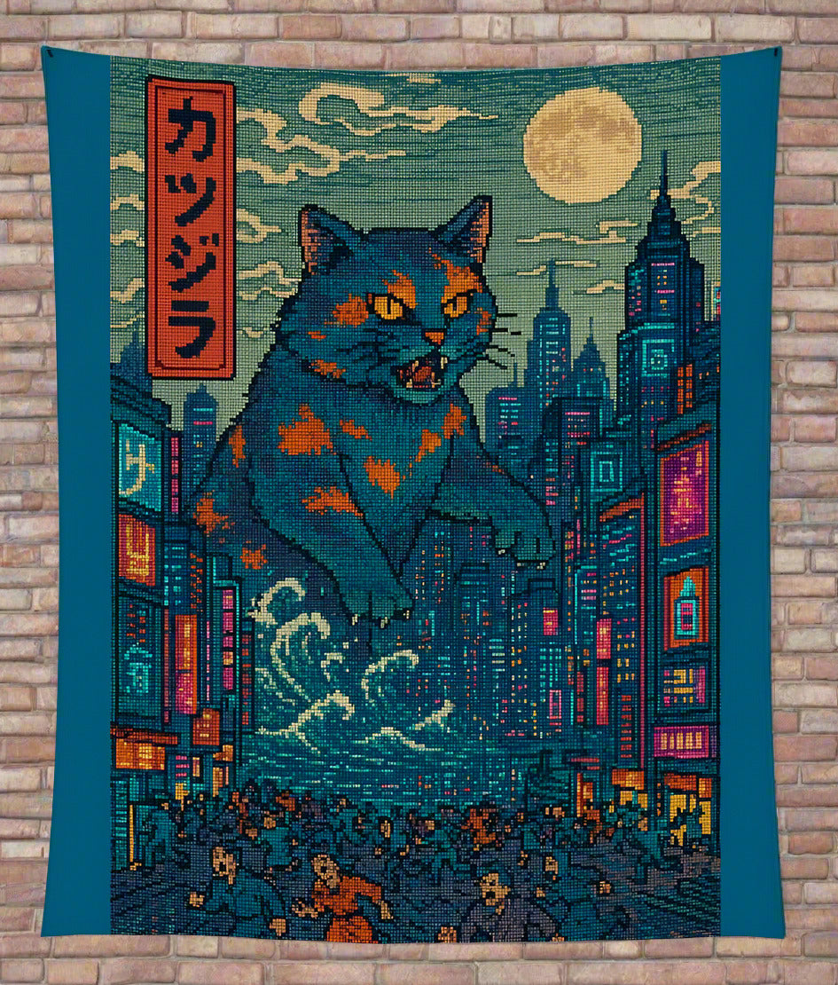 Decorative tapestry with monster cat in front of colorful city buildings and night clouds