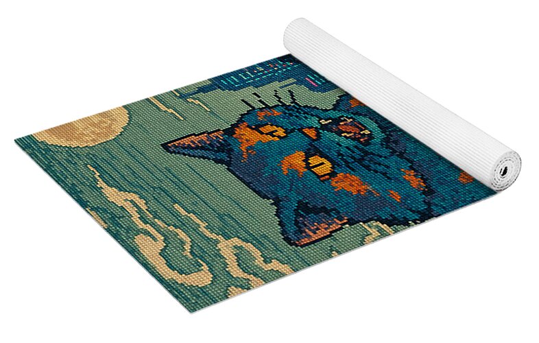 Rolled yoga mat with blue cat monster design, teal background and beige clouds