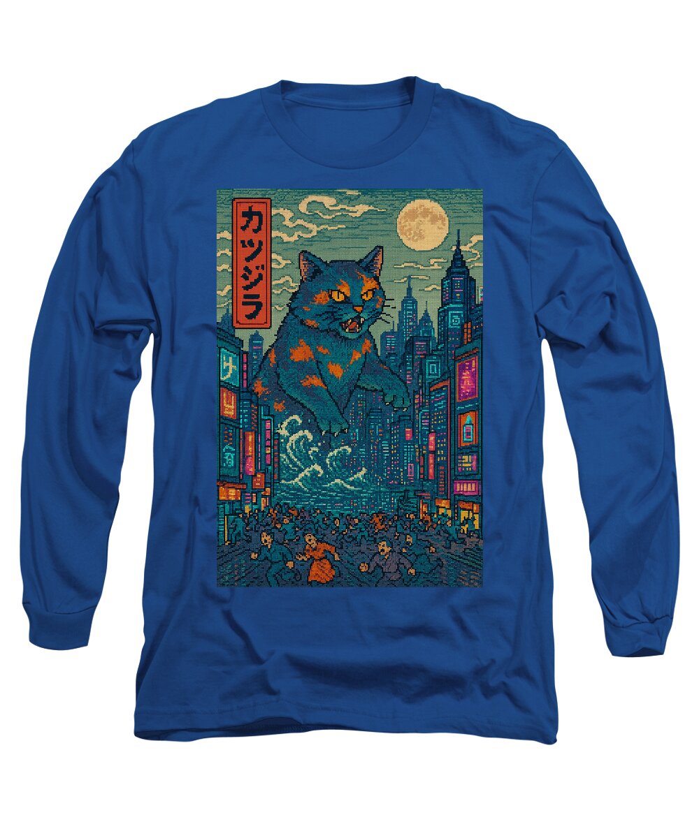 Carolina blue long-sleeve T-shirt with square cat monster city graphic