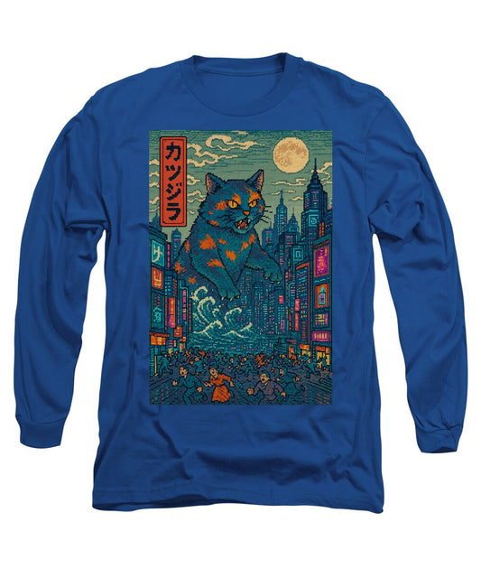 Carolina blue long-sleeve T-shirt with square cat monster city graphic