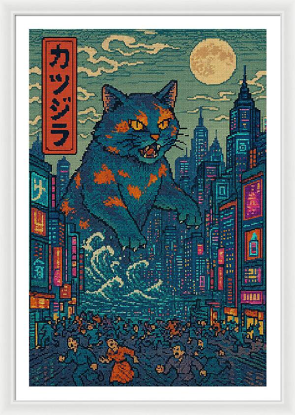 Framed wall print with blue cat monster in neon city; white frame, white mat.