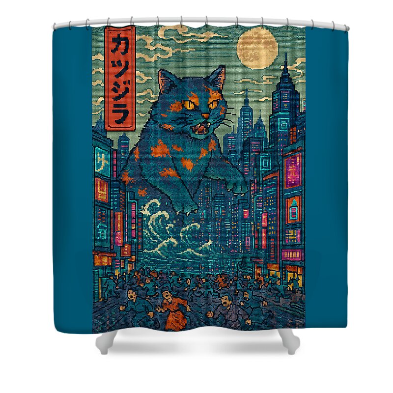 Front view shower curtain with blue cat monster, tall buildings, moon, and red sign