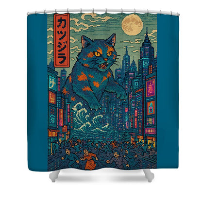 Front view shower curtain with blue cat monster, tall buildings, moon, and red sign