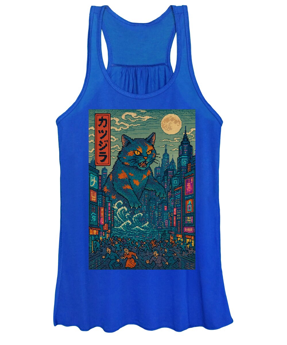 Women's blue tank top with cat monster graphic, scoop neckline and racerback straps