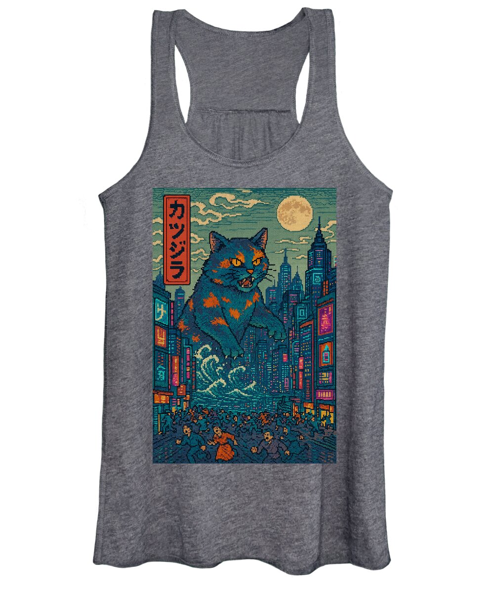 Women's heather charcoal tank top with cat monster graphic, scoop neckline and racerback straps