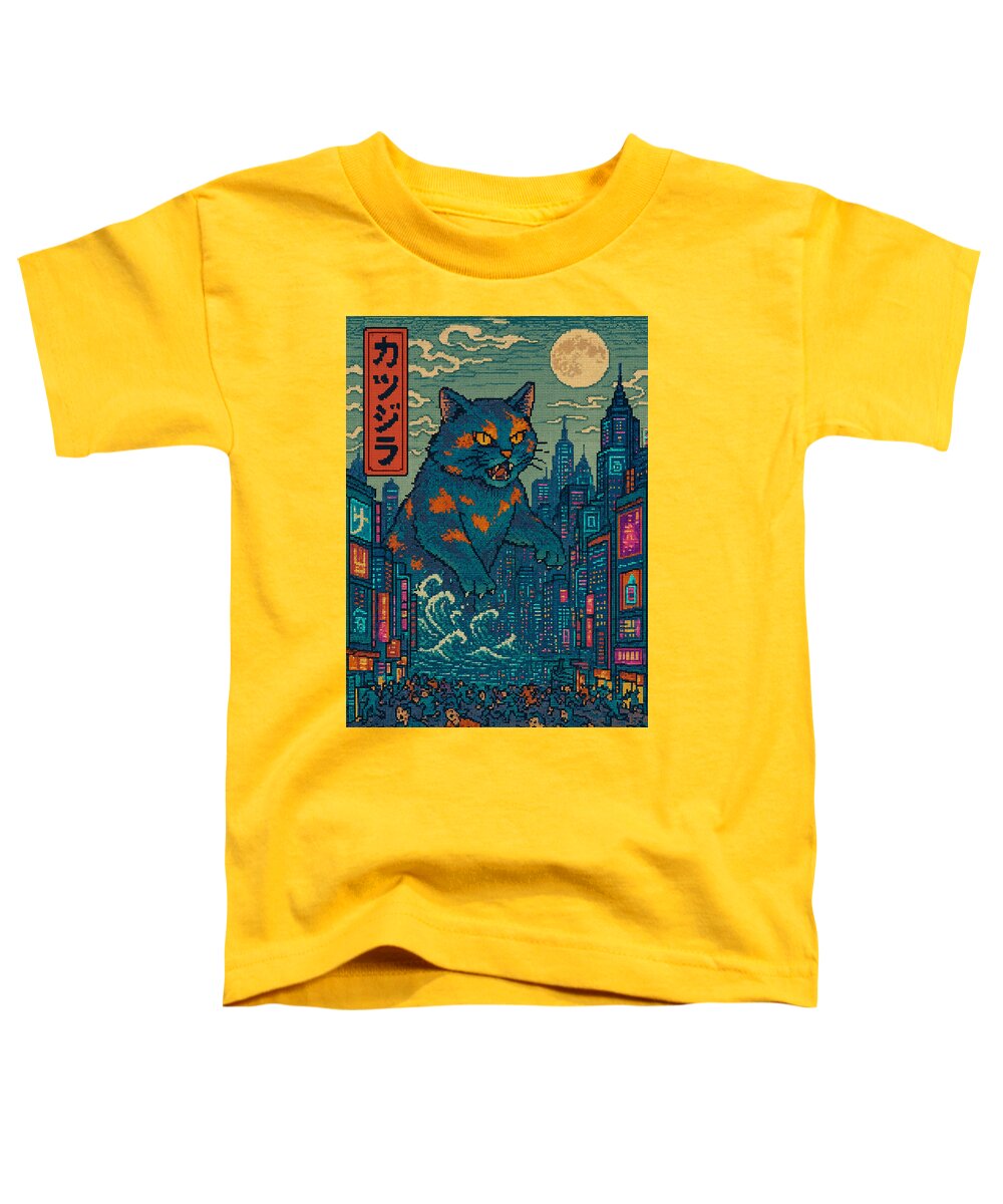 Toddler graphic t-shirt in yellow with colorful monster cat city print