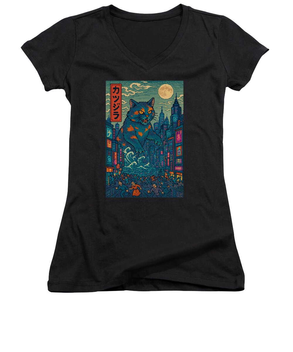 Women's v-neck T-shirt, black with cat city graphic