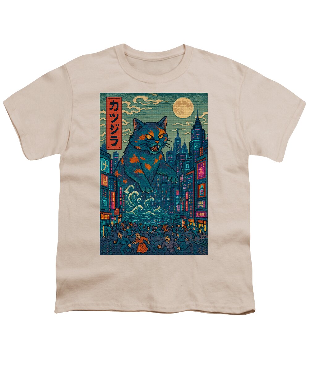 Youth T-shirt in cream with cat monster city graphic print on front