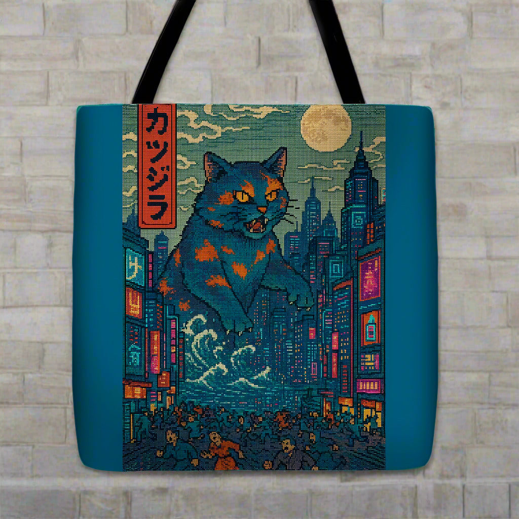 Teal tote bag with black handles and illustrated blue cat monster over city skyline