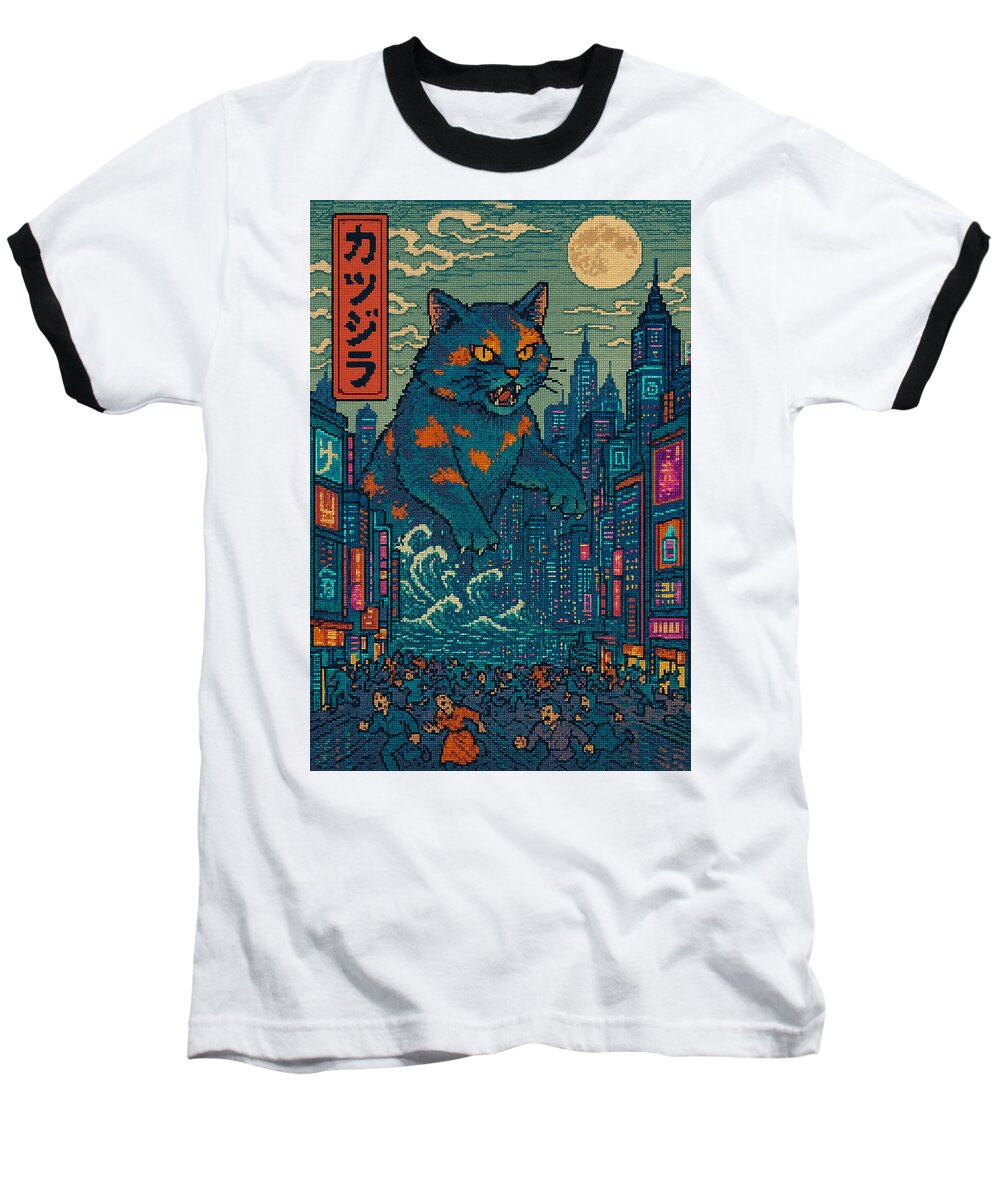 White baseball T-shirt with black contrast trim and colorful cat-monster front graphic