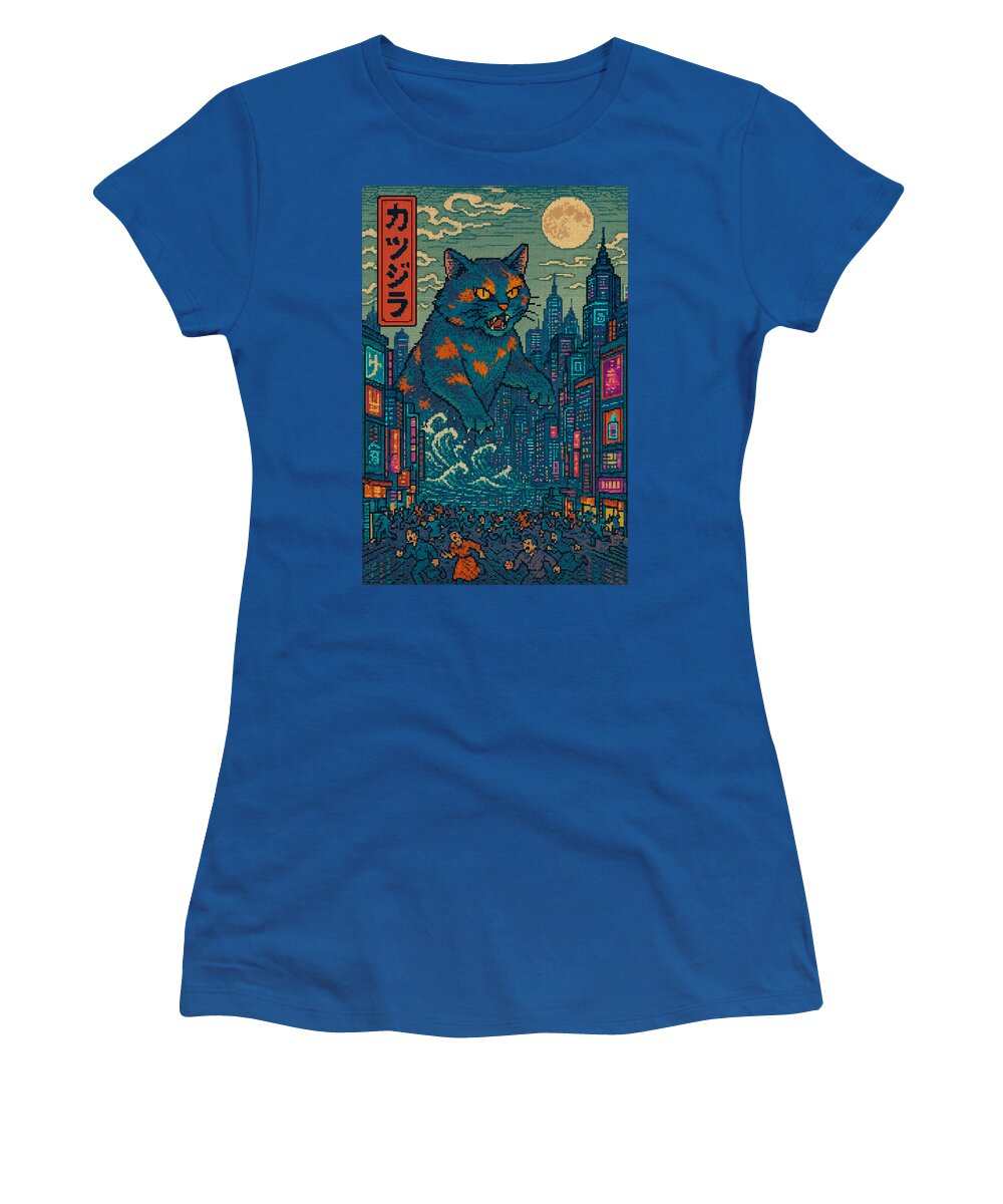 Women’s royal blue t-shirt with colorful cat-monster graphic print on front