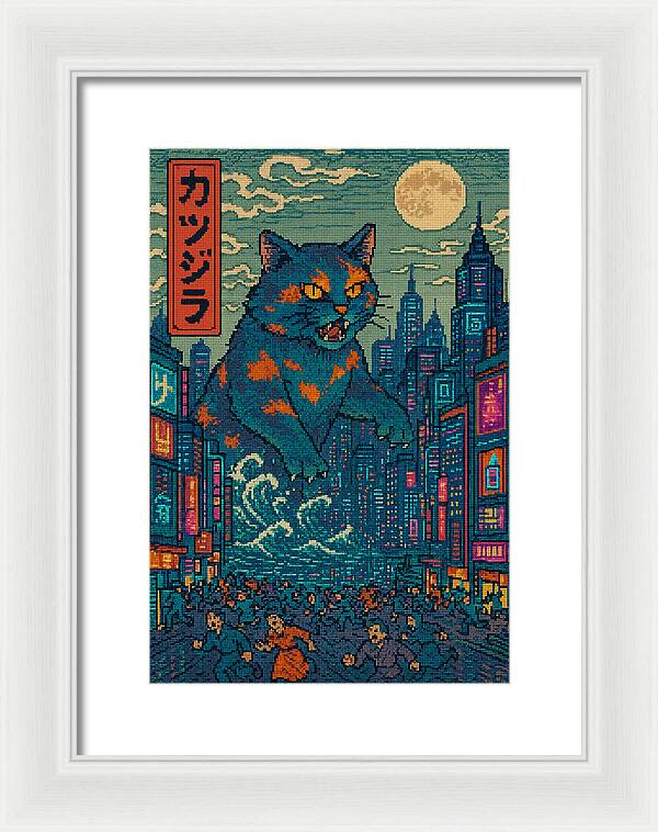 Framed monster cat art print with blue feline, night city skyline, white frame.