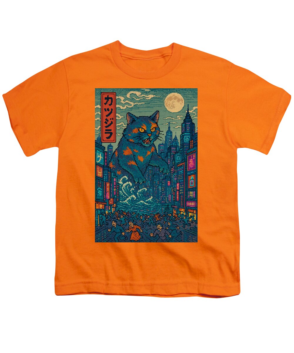 Youth graphic T-shirt, orange with cat monster city artwork panel