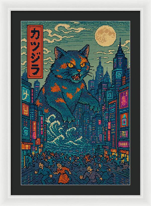 Cat city night framed print with blue-and-orange cat facing right amid tall skyline.