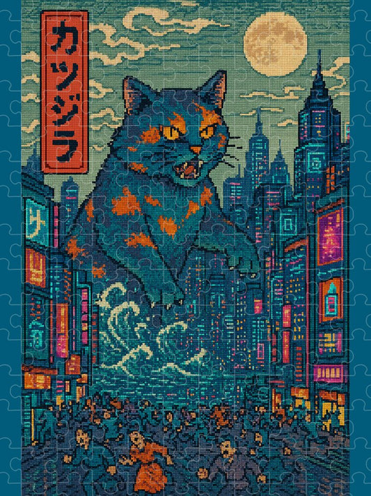 Jigsaw puzzle artwork with blue cat monster and neon city skyline