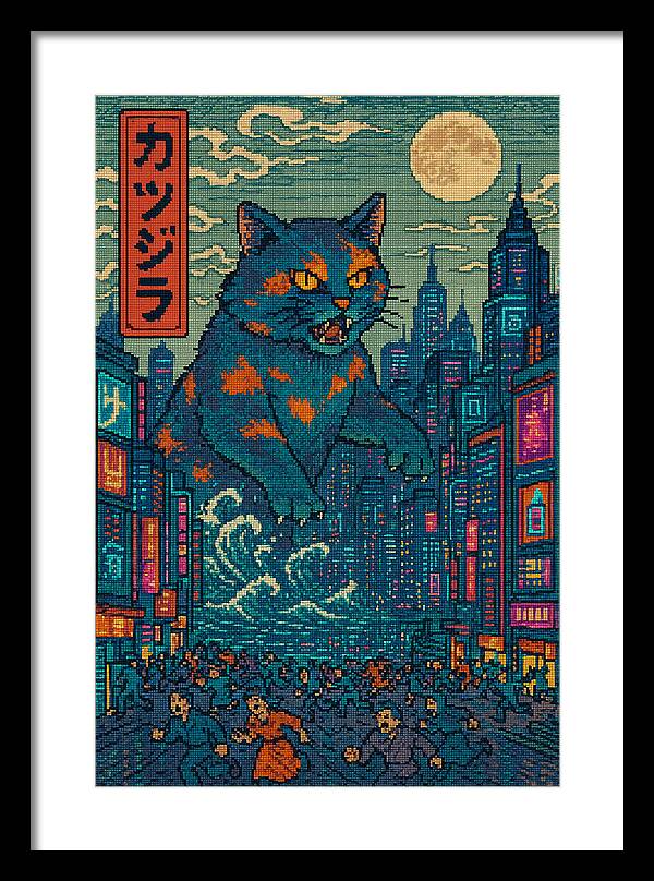 Framed monster cat art print with blue feline, night city skyline, black frame and white mat.