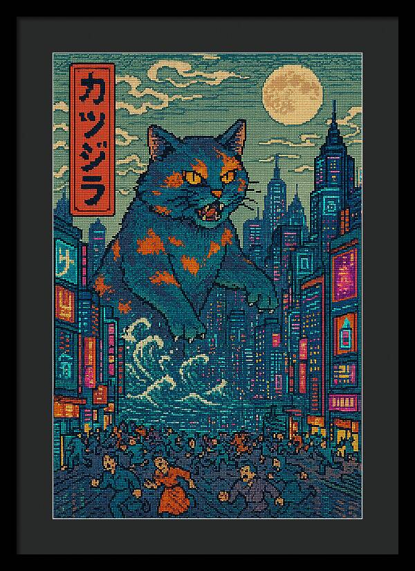 Framed cat wall art with blue-orange cat above neon city, dark gray frame and mat