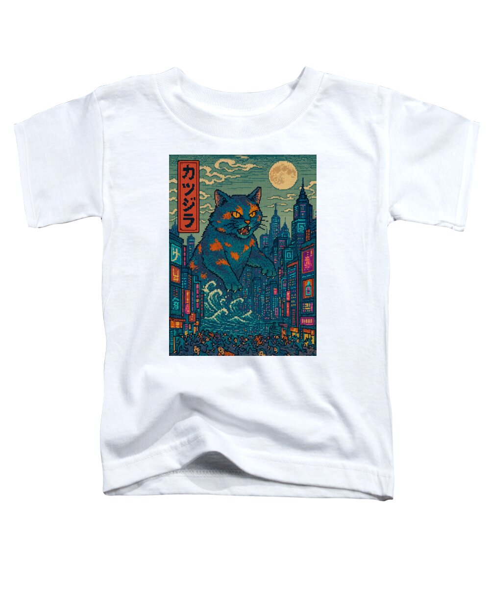 Toddler graphic t-shirt in white with colorful monster cat city print