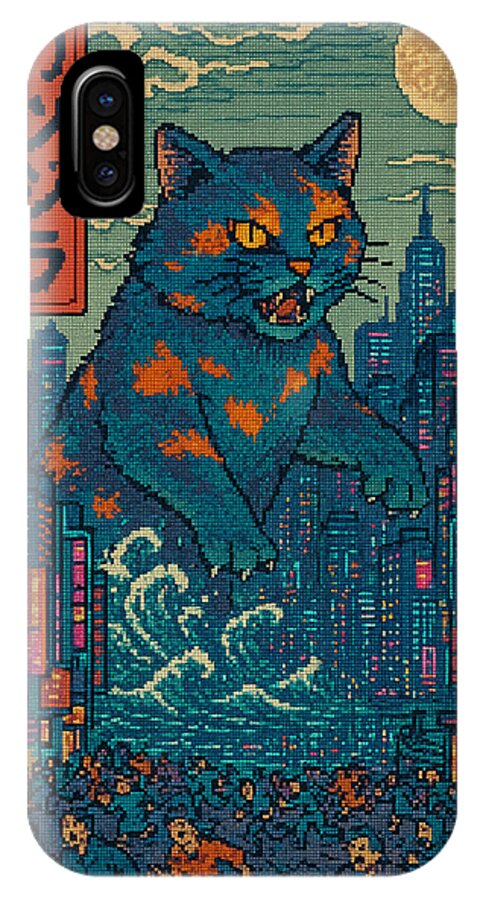 Phone case with pixel-art blue cat monster and city skyline, camera and flash cutout