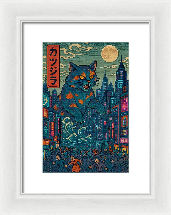 Framed wall print with blue cat monster in neon city; white frame, white mat.