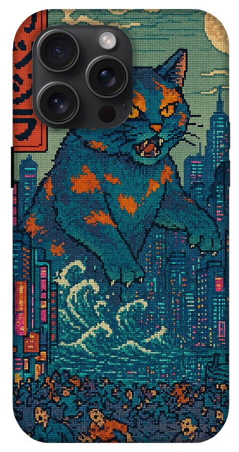 Phone case with blue and orange pixel-art cat monster on city skyline, black camera frame