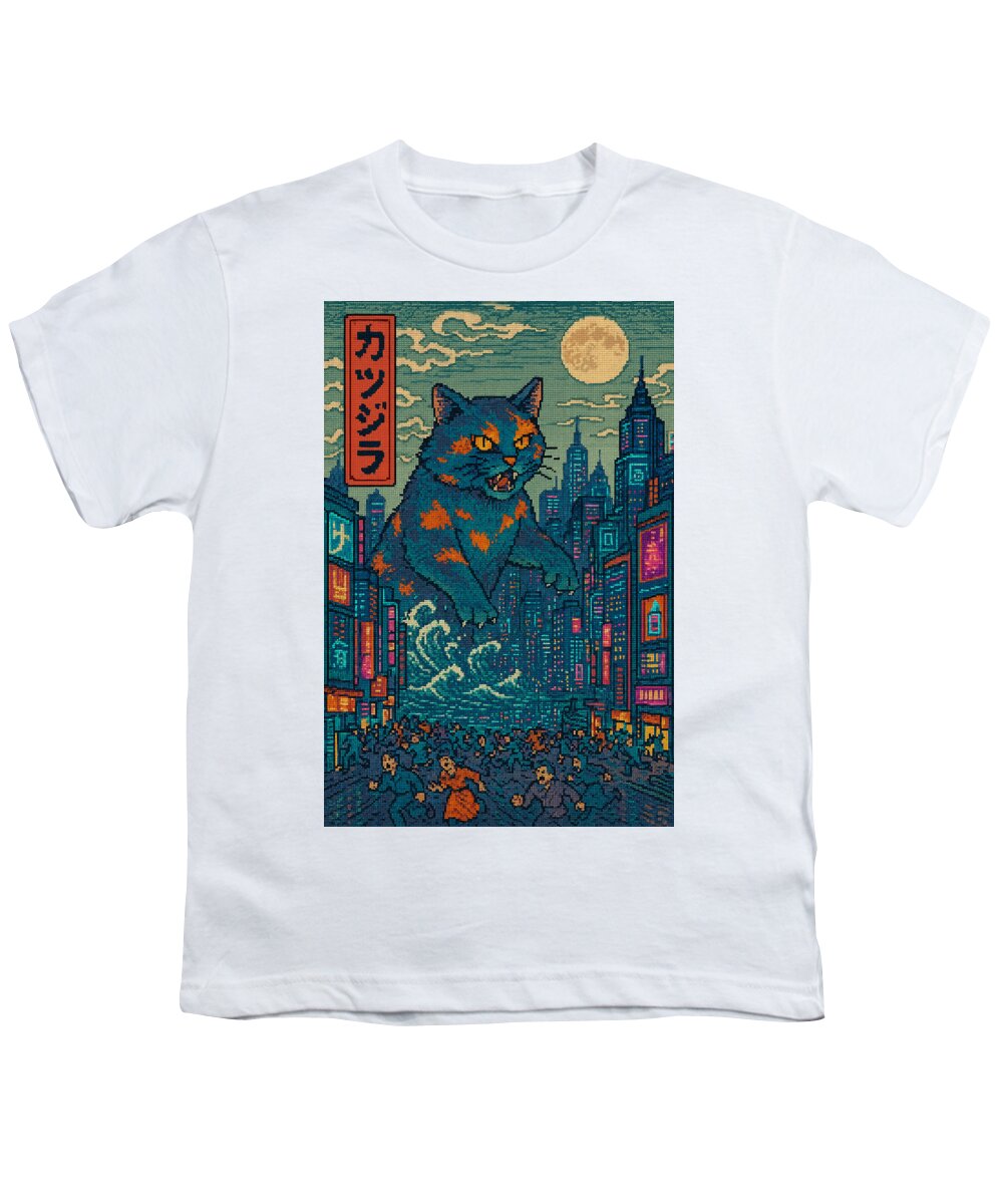 Youth graphic T-shirt, white with cat monster city artwork panel