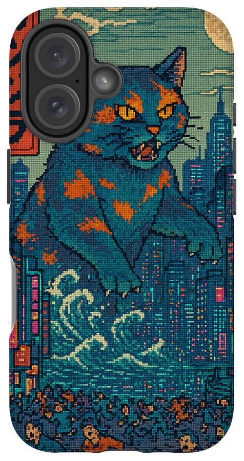 Phone case featuring pixel-art blue cat monster over city skyline, triple lens cutout