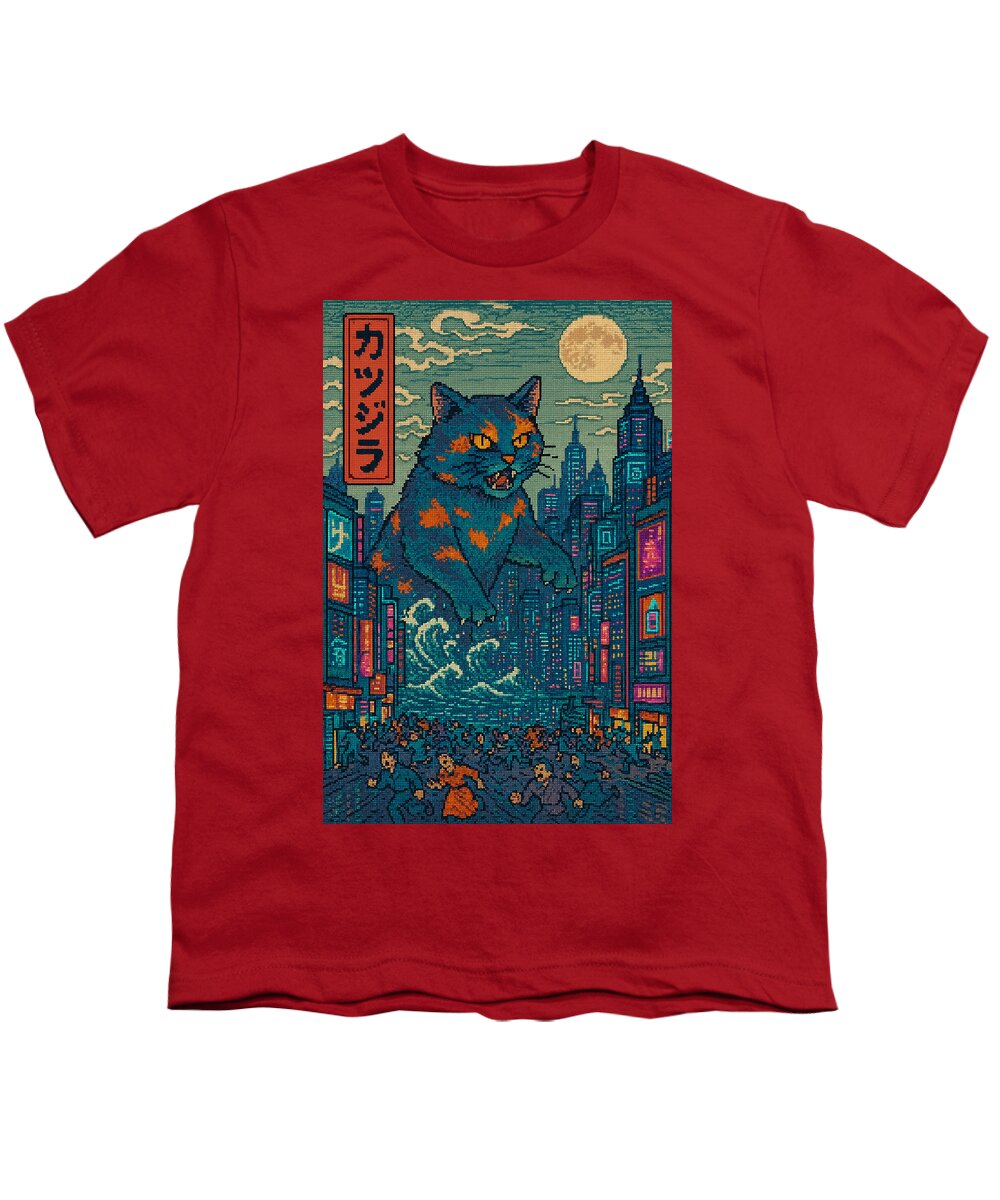 Youth graphic T-shirt, red with cat monster city artwork panel