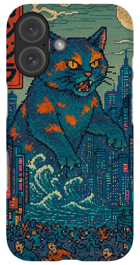 Phone case with pixel-art blue cat monster and city skyline, dual camera cutouts