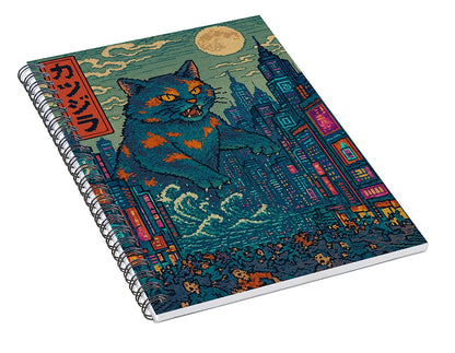 Spiral notebook with blue cat illustration, tall city buildings, and moon on cover