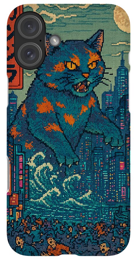 Phone case with pixel-art blue cat monster and city skyline, dual camera cutouts