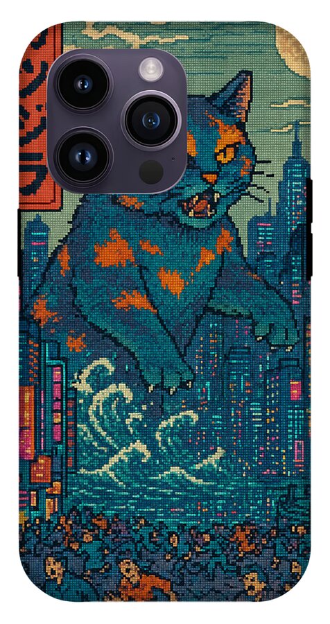 Phone case with blue and orange pixel-art cat monster, neon city details, purple camera frame