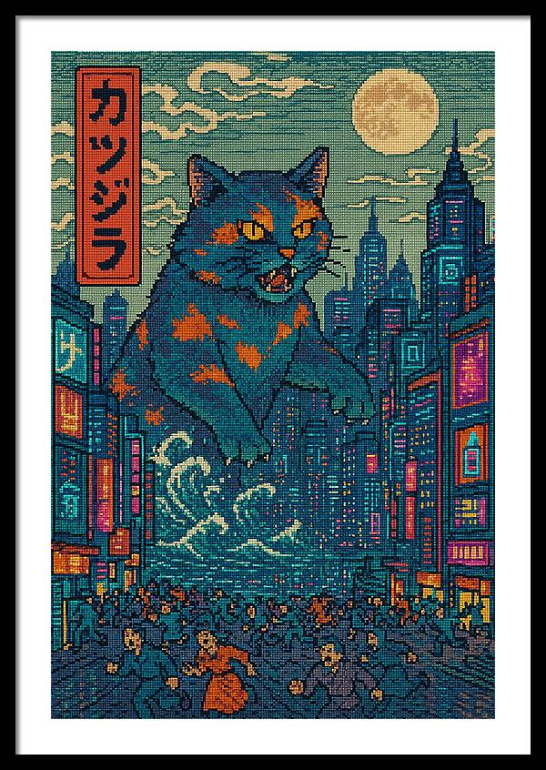 Framed cat city night art print with blue cat, orange patches, and crowded street below.