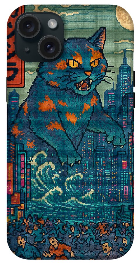 Phone case with blue cat monster pixel art and city skyline, orange details, black cameras