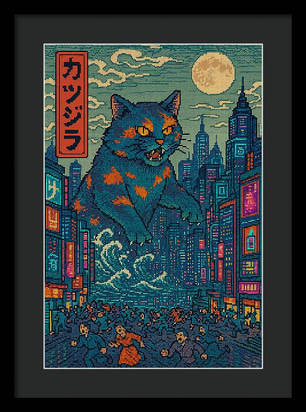 Framed monster cat art print with blue feline, night city skyline, dark outer frame.