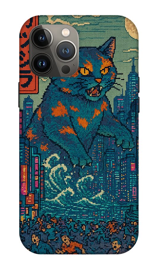 Phone case with blue orange pixel cat monster beside neon skyline, three camera cutouts