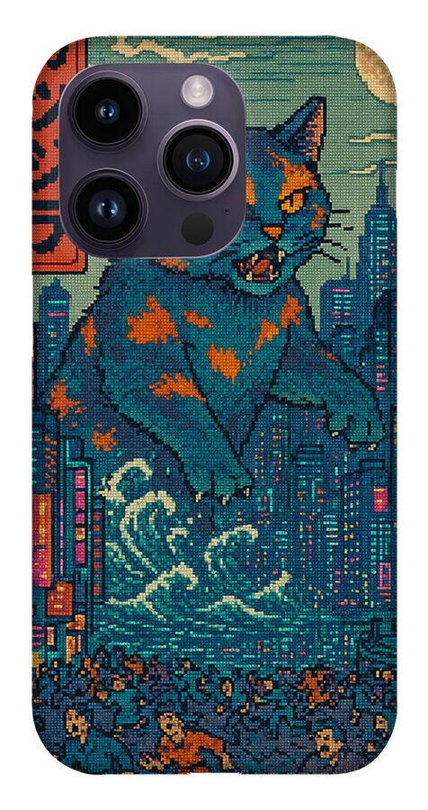 Phone case with blue and orange pixel-art cat monster on city skyline, purple camera frame