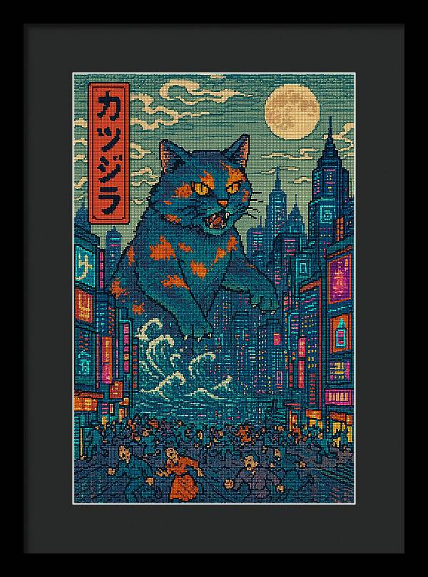 Framed monster cat art print with blue feline, night city skyline, dark frame.