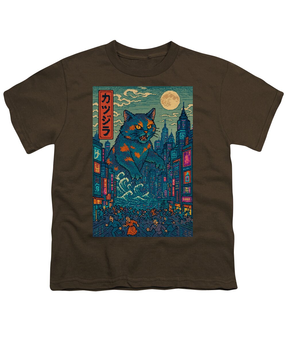 Youth T-shirt in brown with cat monster city graphic print on front