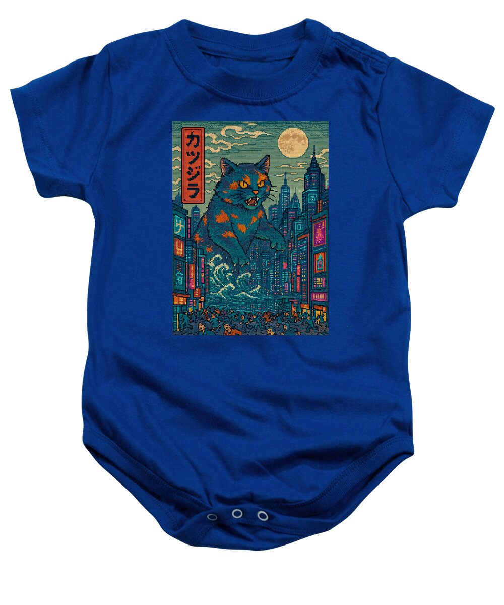 Blue baby onesie with short sleeves and front graphic of a cat in a cityscape