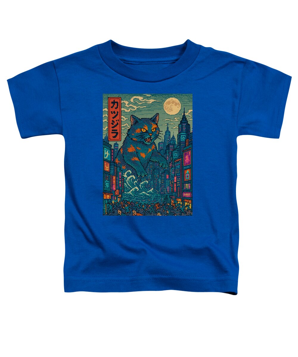 Toddler graphic t-shirt in royal blue with colorful monster cat city print