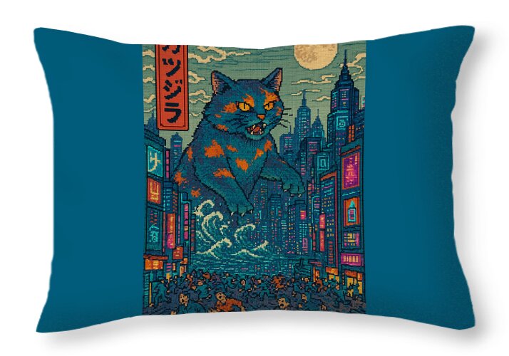 Throw pillow with teal side panels framing a blue cat over a bustling city graphic