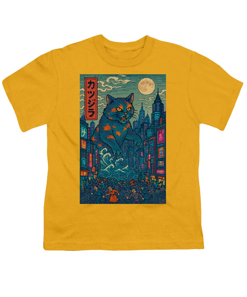 Youth T-shirt in yellow with cat monster city graphic print on front