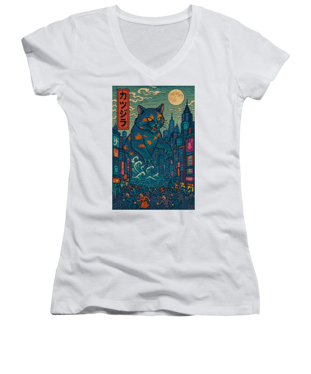 Women's v-neck T-shirt, white with cat city graphic