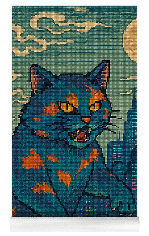 Yoga mat with blue cat monster head and orange patches, framed by textured border