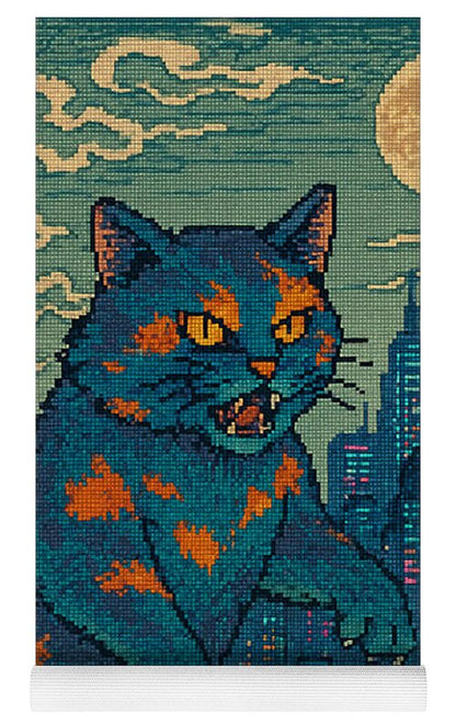 Yoga mat with blue cat monster head and orange patches, framed by textured border